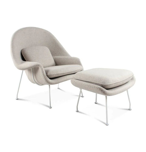 Daire Chair & Ottoman - Light Grey Cashmere Wool - White Metal Base